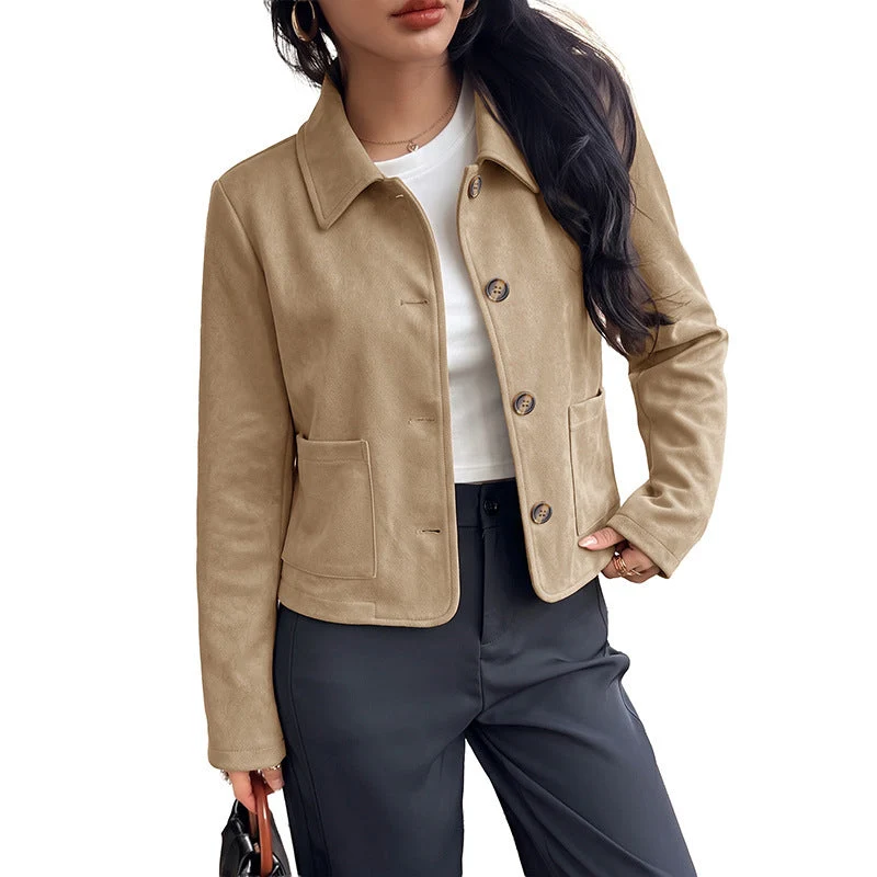 Damen Kurzjacke aus Wildleder‑Optik mit Hemdkragen und aufgesetzten Taschen Nord Taschen