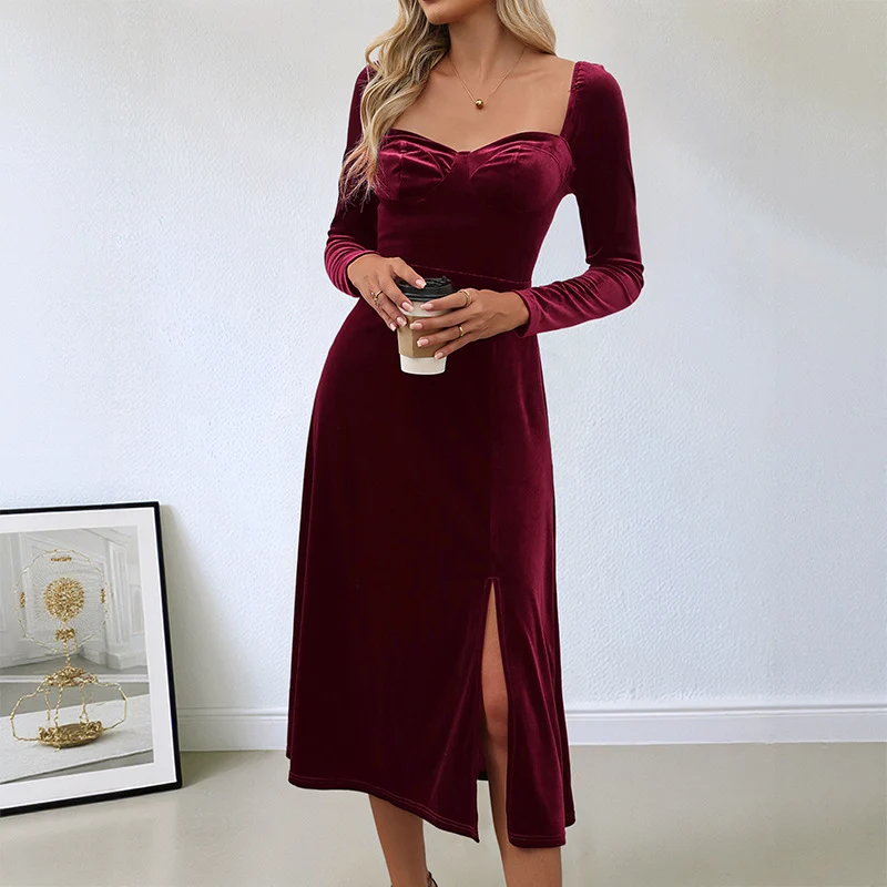 Damen Samt-Midikleid mit herzförmigem Ausschnitt, taillierter Schnitt & hohem Beinschlitz Nord Taschen