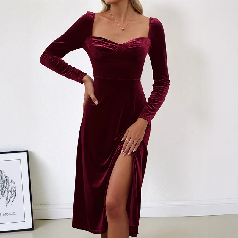 Damen Samt-Midikleid mit herzförmigem Ausschnitt, taillierter Schnitt & hohem Beinschlitz Nord Taschen