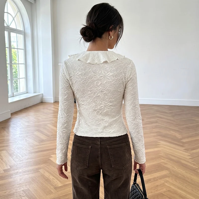 Damen Rüschenbluse aus Strukturjersey mit V-Ausschnitt und Bindeschleife Nord Taschen