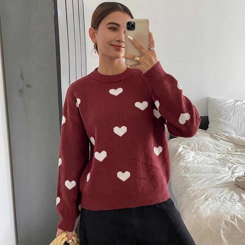Damen Rundhals‑Strickpullover mit Herz‑Jacquard und lässiger Oversize‑Passform Nord Taschen