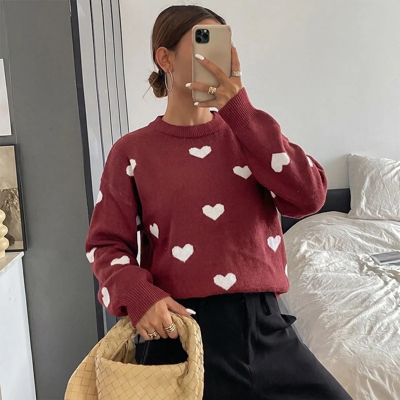 Damen Rundhals‑Strickpullover mit Herz‑Jacquard und lässiger Oversize‑Passform Nord Taschen