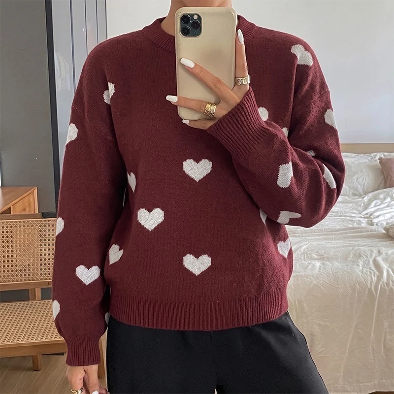 Damen Rundhals‑Strickpullover mit Herz‑Jacquard und lässiger Oversize‑Passform Nord Taschen