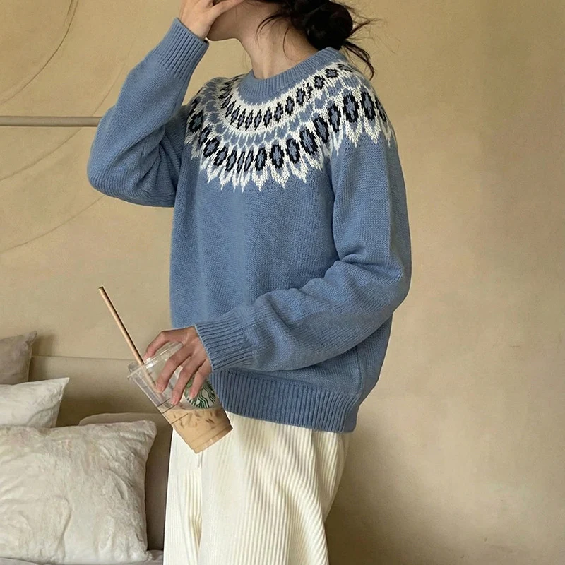 Damen Rundhals-Pullover mit Jacquard-Yoke und Relaxed-Fit Nord Taschen