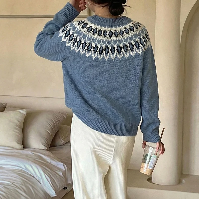 Damen Rundhals-Pullover mit Jacquard-Yoke und Relaxed-Fit Nord Taschen
