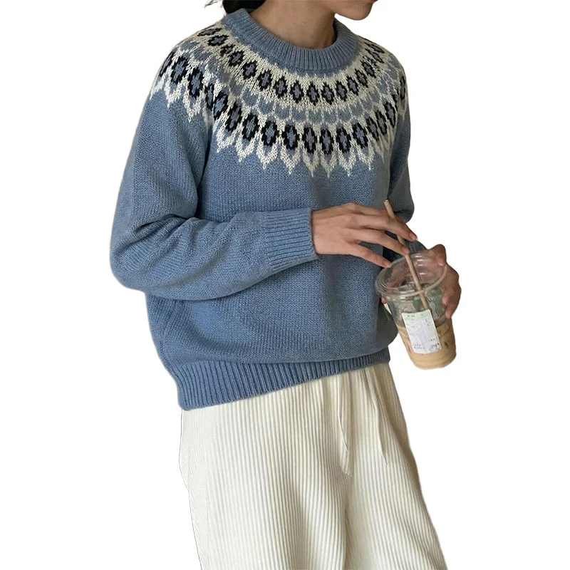 Damen Rundhals-Pullover mit Jacquard-Yoke und Relaxed-Fit Nord Taschen
