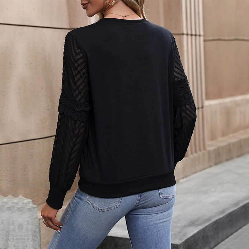 Damen Rundhals-Longsleeve mit transparenten Spitzenärmeln und lockerer Passform Nord Taschen