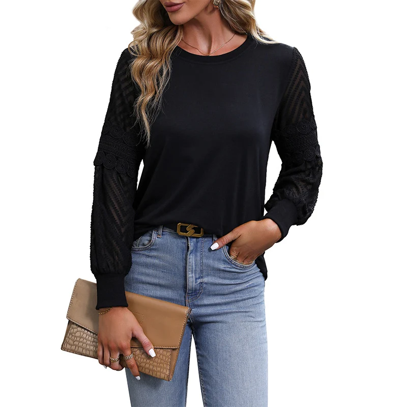 Damen Rundhals-Longsleeve mit transparenten Spitzenärmeln und lockerer Passform Nord Taschen