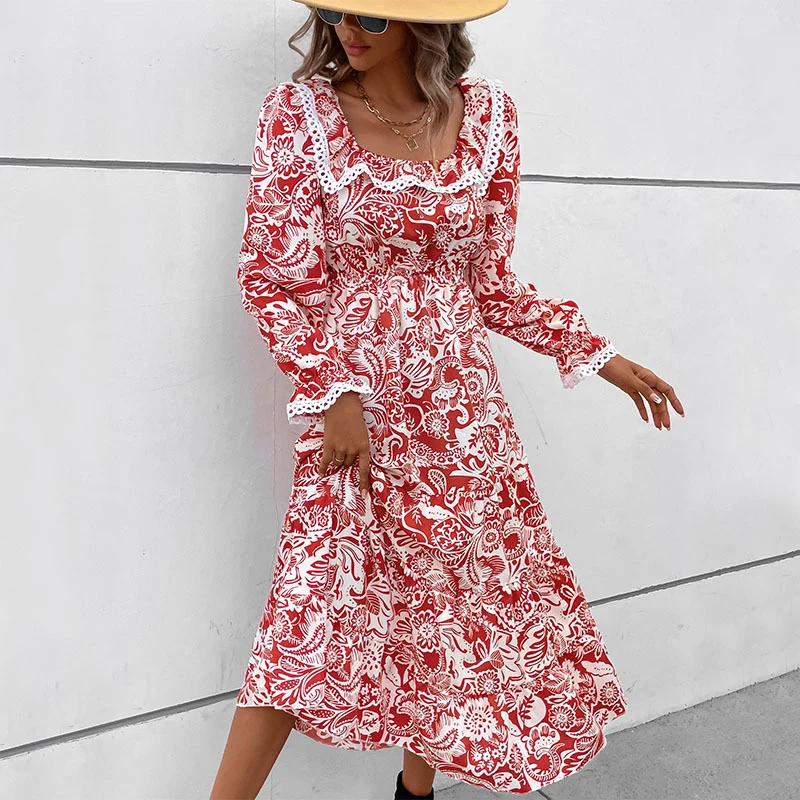 Damen Romantisches Midikleid im Boho‑Stil mit quadratischem Ausschnitt, Spitzenbesatz und Taillenzug Nord Taschen