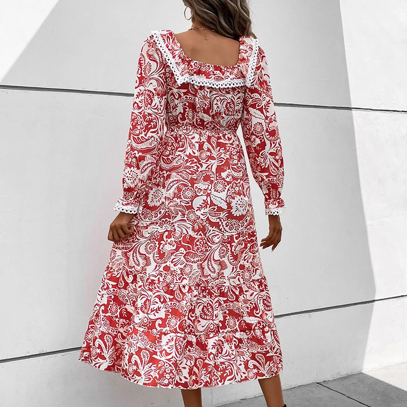 Damen Romantisches Midikleid im Boho‑Stil mit quadratischem Ausschnitt, Spitzenbesatz und Taillenzug Nord Taschen