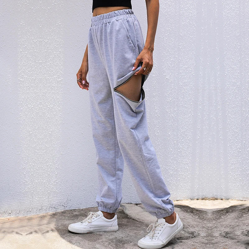 Damen Lässige High-Waist Sweathose mit Reißverschlusstasche und elastischem Saum Nord Taschen