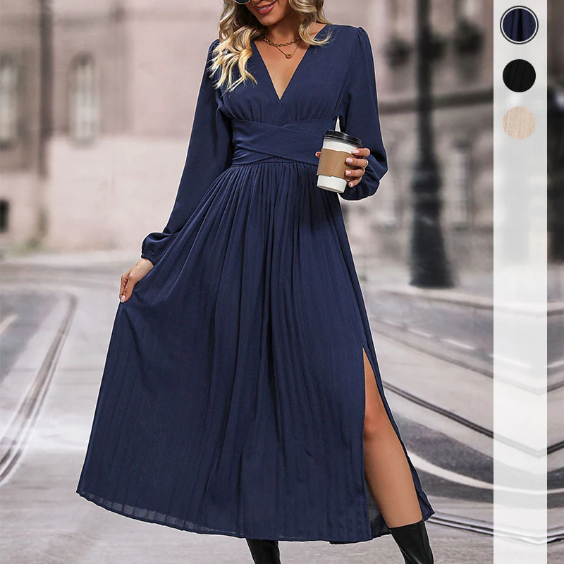 Damen Langes Viskose-Maxikleid mit Wickel-Taille, tiefem V‑Ausschnitt und hohem Beinschlitz Nord Taschen