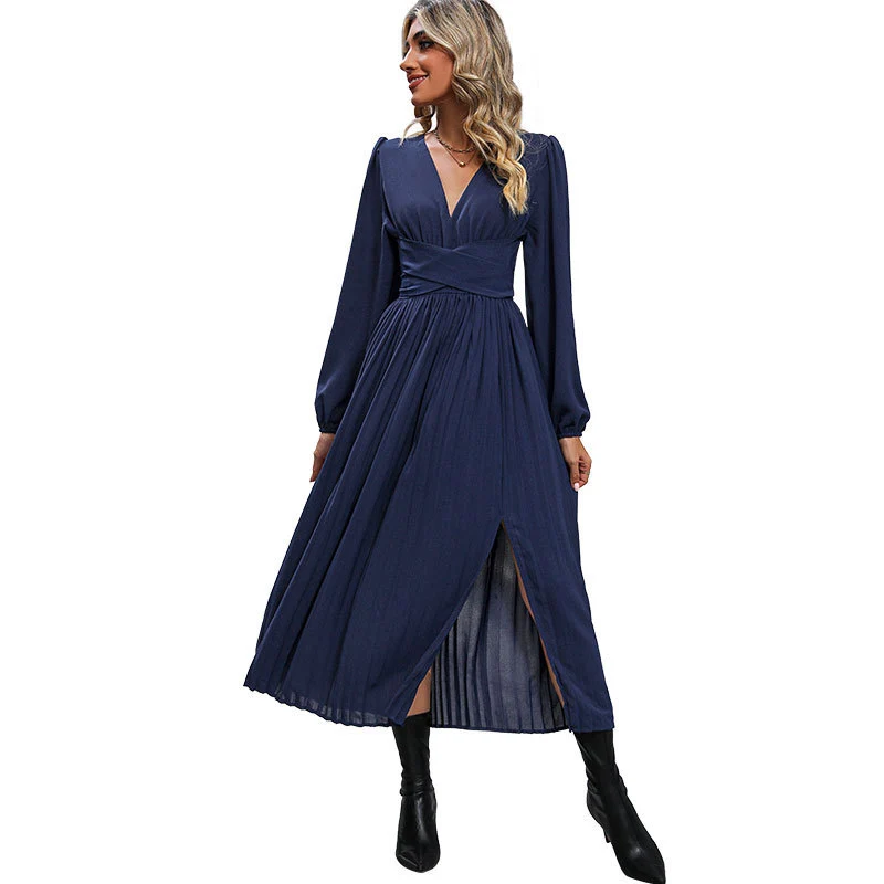 Damen Langes Viskose-Maxikleid mit Wickel-Taille, tiefem V‑Ausschnitt und hohem Beinschlitz Nord Taschen
