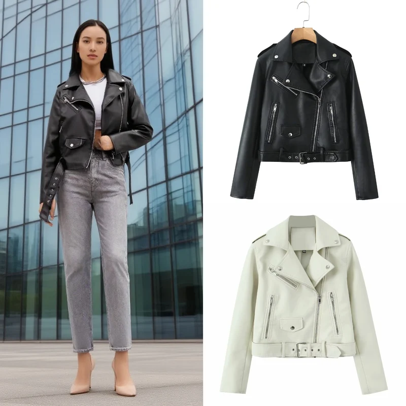 Damen Robuste taillierte Bikerjacke aus Kunstleder mit asymmetrischem Reißverschluss und Taillengürtel Nord Taschen