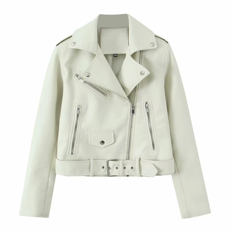 Damen Robuste taillierte Bikerjacke aus Kunstleder mit asymmetrischem Reißverschluss und Taillengürtel Nord Taschen