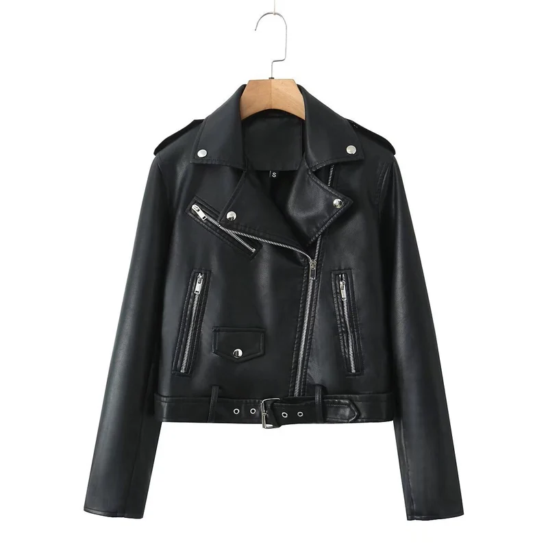 Damen Robuste taillierte Bikerjacke aus Kunstleder mit asymmetrischem Reißverschluss und Taillengürtel Nord Taschen