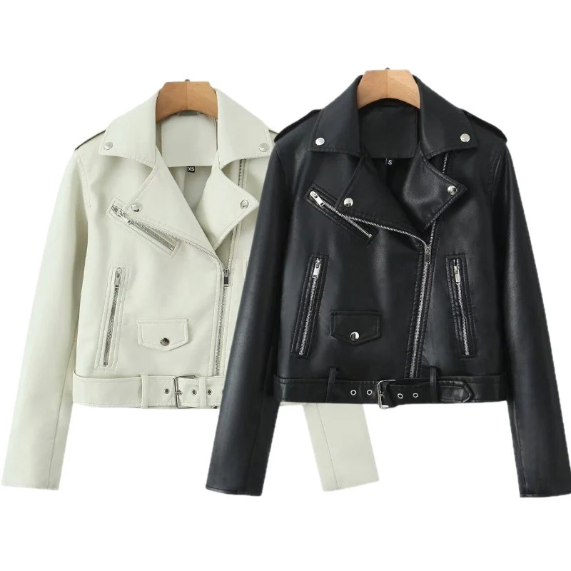 Damen Robuste taillierte Bikerjacke aus Kunstleder mit asymmetrischem Reißverschluss und Taillengürtel Nord Taschen