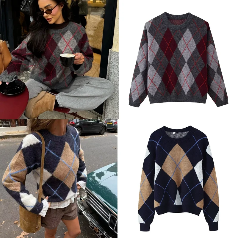 Damen Rauten-Argyle Strickpullover mit Rundhals und leichtem Oversize-Schnitt Nord Taschen