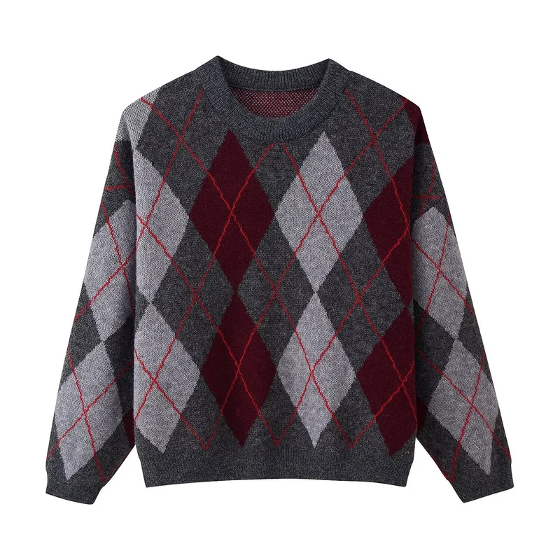 Damen Rauten-Argyle Strickpullover mit Rundhals und leichtem Oversize-Schnitt Nord Taschen