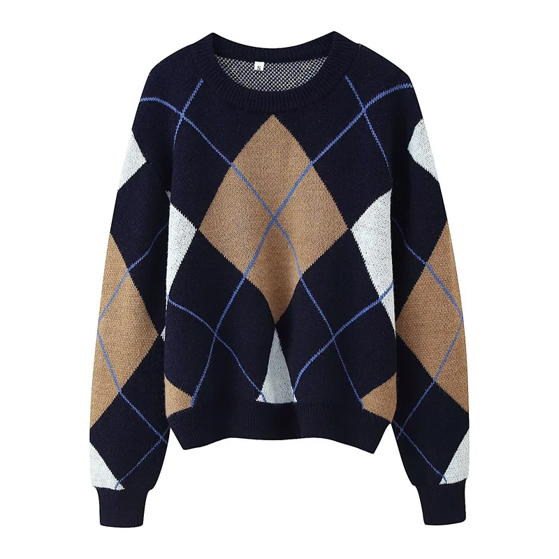 Damen Rauten-Argyle Strickpullover mit Rundhals und leichtem Oversize-Schnitt Nord Taschen
