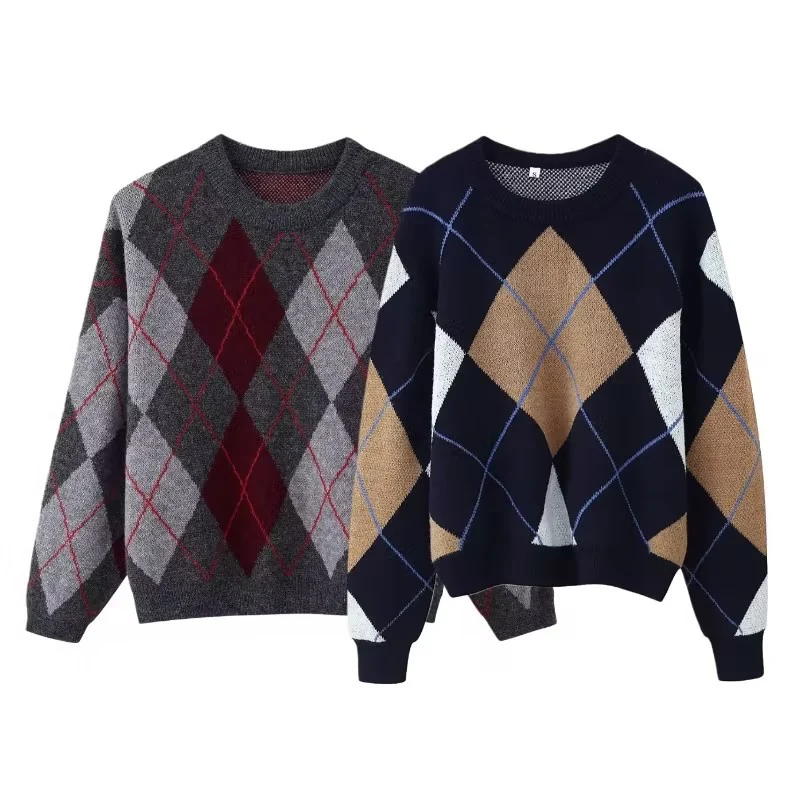 Damen Rauten-Argyle Strickpullover mit Rundhals und leichtem Oversize-Schnitt Nord Taschen