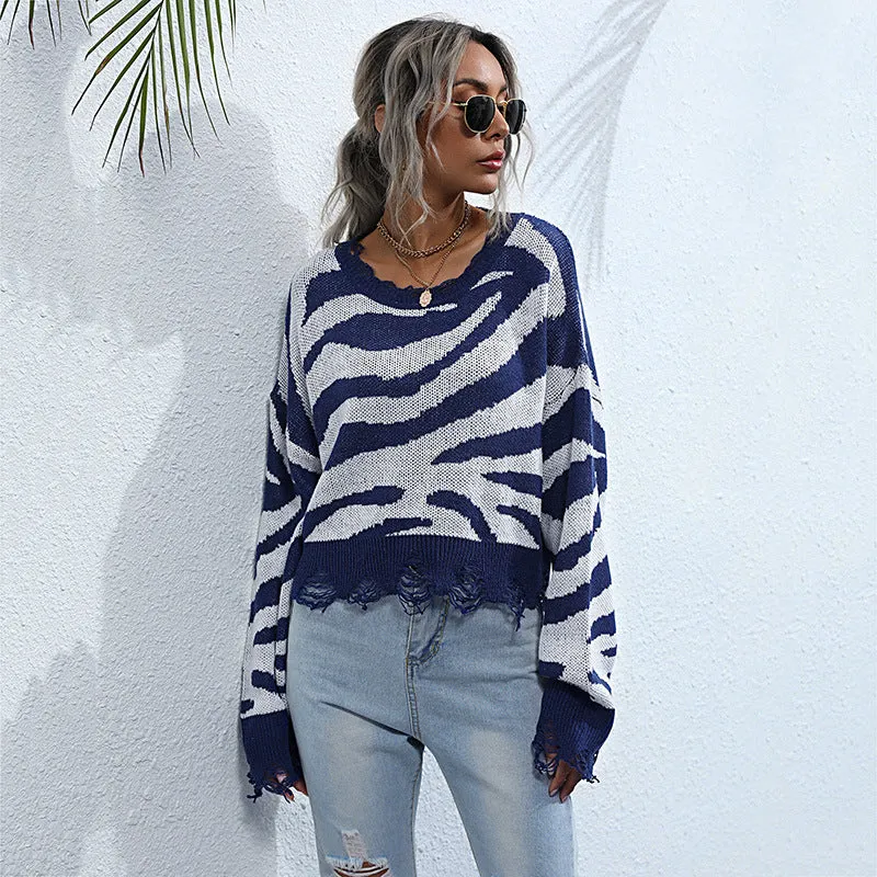 Damen Oversize-Strickpullover mit Zebrastreifen‑Jacquard, ausgefranstem Saum und Raglanärmeln Nord Taschen