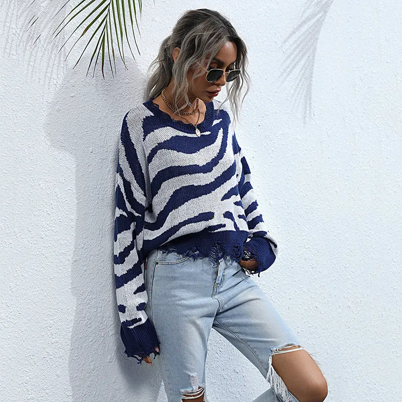 Damen Oversize-Strickpullover mit Zebrastreifen‑Jacquard, ausgefranstem Saum und Raglanärmeln Nord Taschen