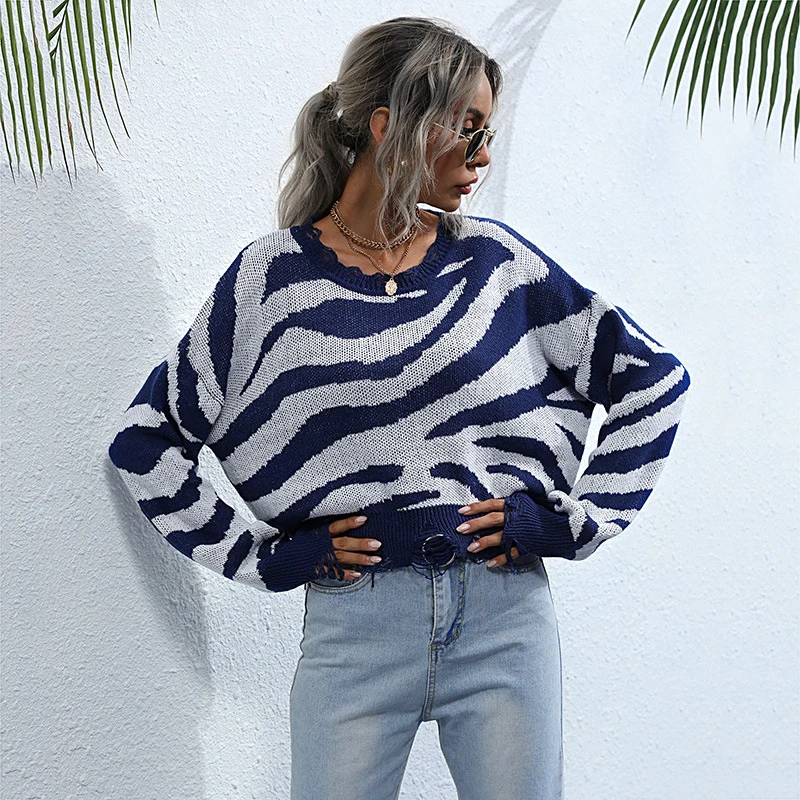 Damen Oversize-Strickpullover mit Zebrastreifen‑Jacquard, ausgefranstem Saum und Raglanärmeln Nord Taschen