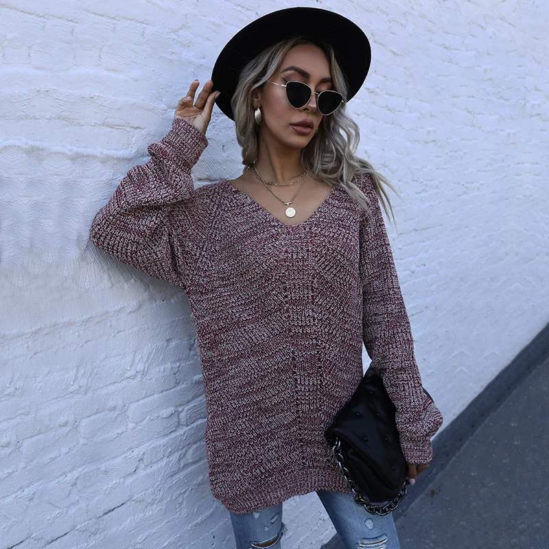 Damen Oversize-Strickpullover mit V‑Ausschnitt und grobem Melange‑Strick Nord Taschen