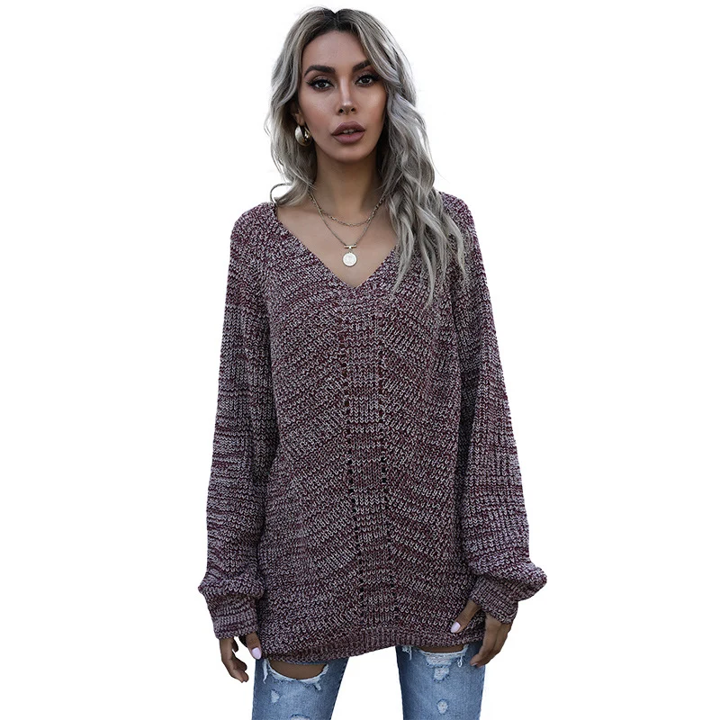 Damen Oversize-Strickpullover mit V‑Ausschnitt und grobem Melange‑Strick Nord Taschen