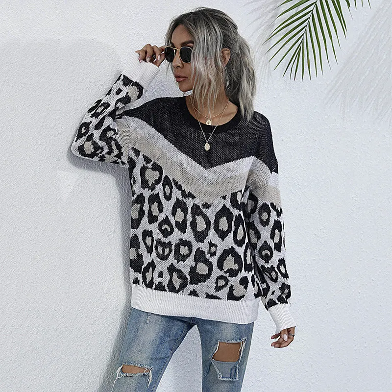 Damen Oversize Strickpullover mit Leopardenjacquard und kontrastierender V‑Blende Nord Taschen