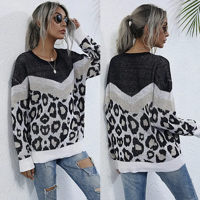 Damen Oversize Strickpullover mit Leopardenjacquard und kontrastierender V‑Blende Nord Taschen