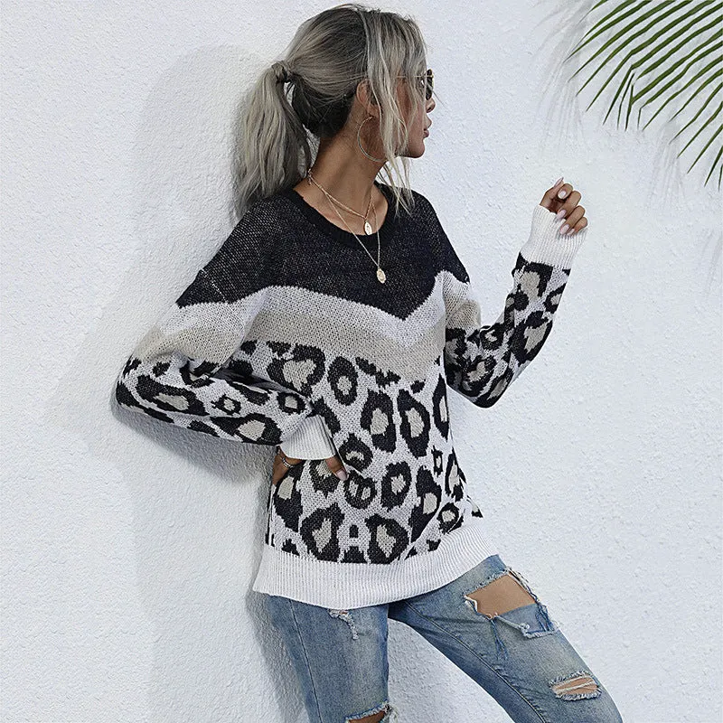 Damen Oversize Strickpullover mit Leopardenjacquard und kontrastierender V‑Blende Nord Taschen