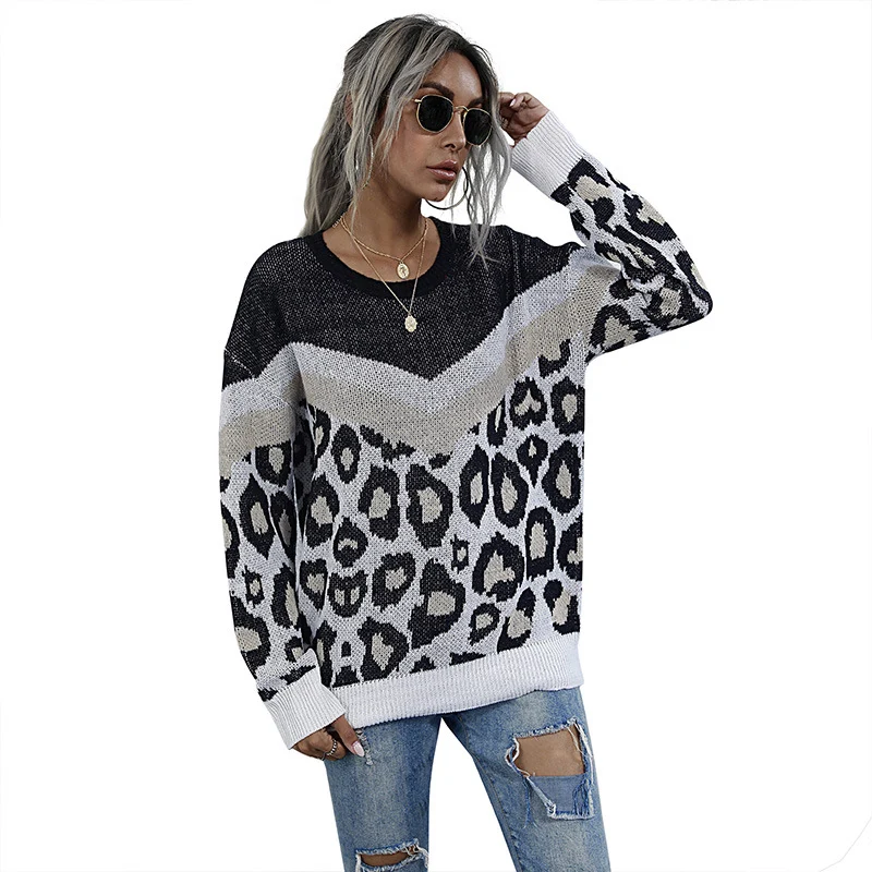 Damen Oversize Strickpullover mit Leopardenjacquard und kontrastierender V‑Blende Nord Taschen