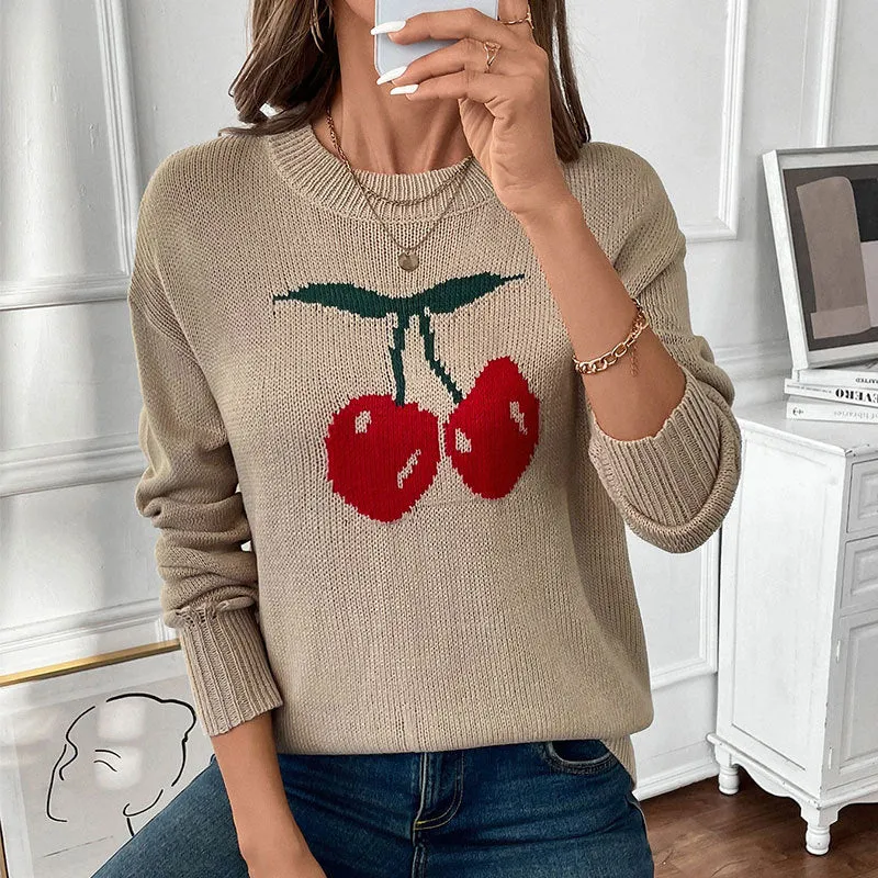 Damen Oversize-Strickpullover mit Kirschen‑Intarsie, leicht Used‑Look und Rundhals Nord Taschen