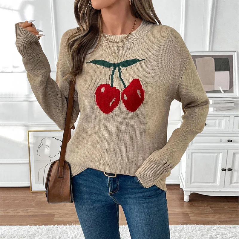 Damen Oversize-Strickpullover mit Kirschen‑Intarsie, leicht Used‑Look und Rundhals Nord Taschen