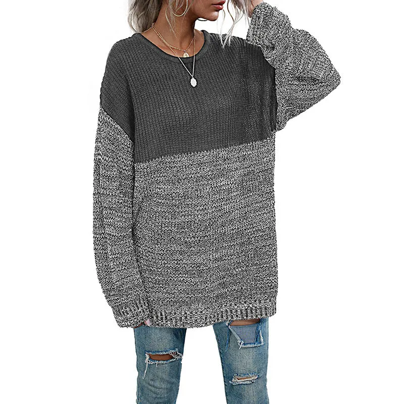 Damen Oversize Strickpullover mit Colorblock-Optik, rundem Ausschnitt und melierter Strukturstrick Nord Taschen