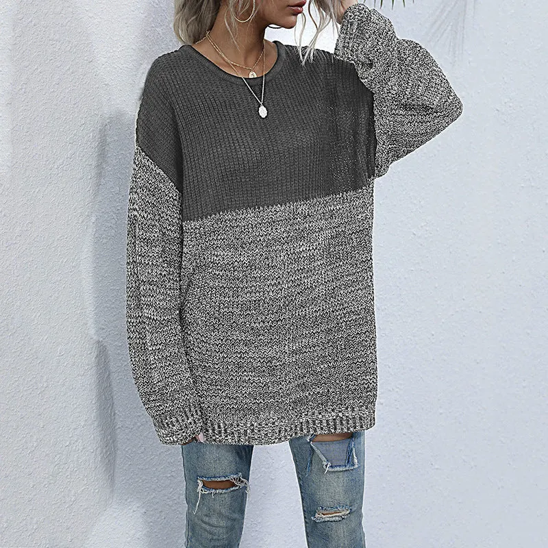 Damen Oversize Strickpullover mit Colorblock-Optik, rundem Ausschnitt und melierter Strukturstrick Nord Taschen