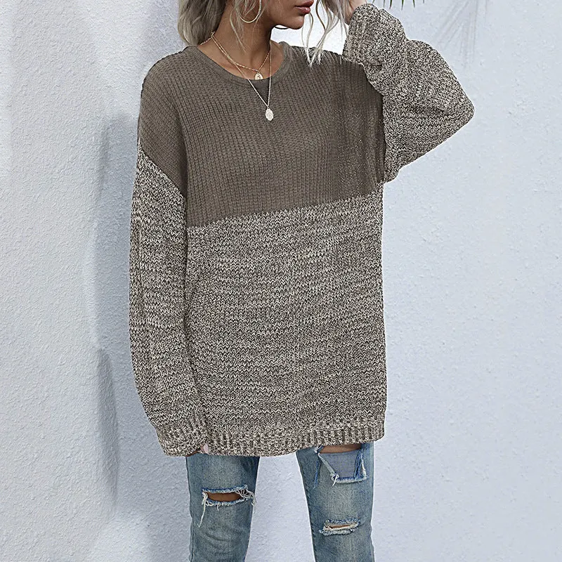 Damen Oversize Strickpullover mit Colorblock-Optik, rundem Ausschnitt und melierter Strukturstrick Nord Taschen