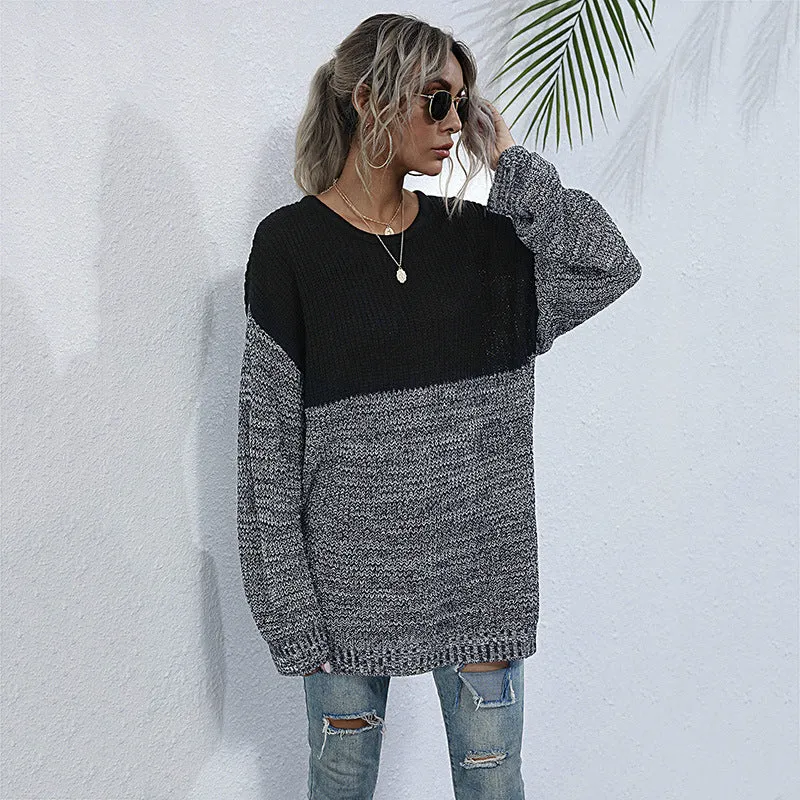Damen Oversize Strickpullover mit Colorblock-Optik, rundem Ausschnitt und melierter Strukturstrick Nord Taschen