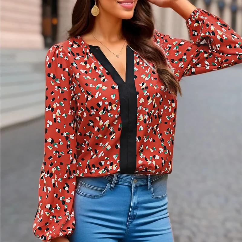 Damen Locker geschnittene V-Ausschnitt-Bluse mit kontrastierter Zierblende und Allover-Print Nord Taschen