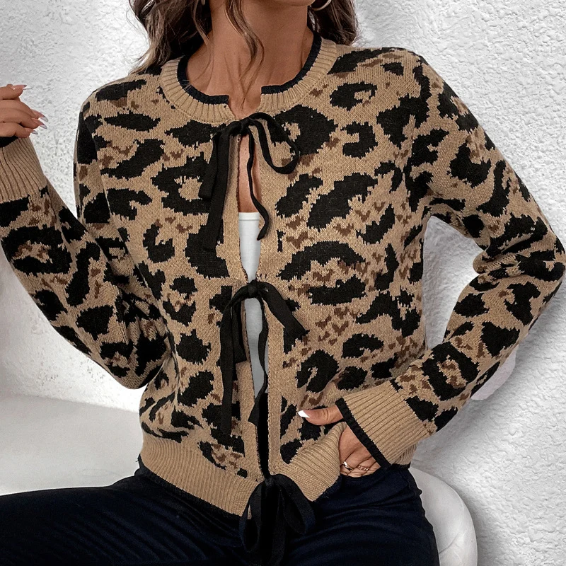 Damen Leopardmuster Strickcardigan mit Bindeschleifen und gerippten Bündchen Nord Taschen