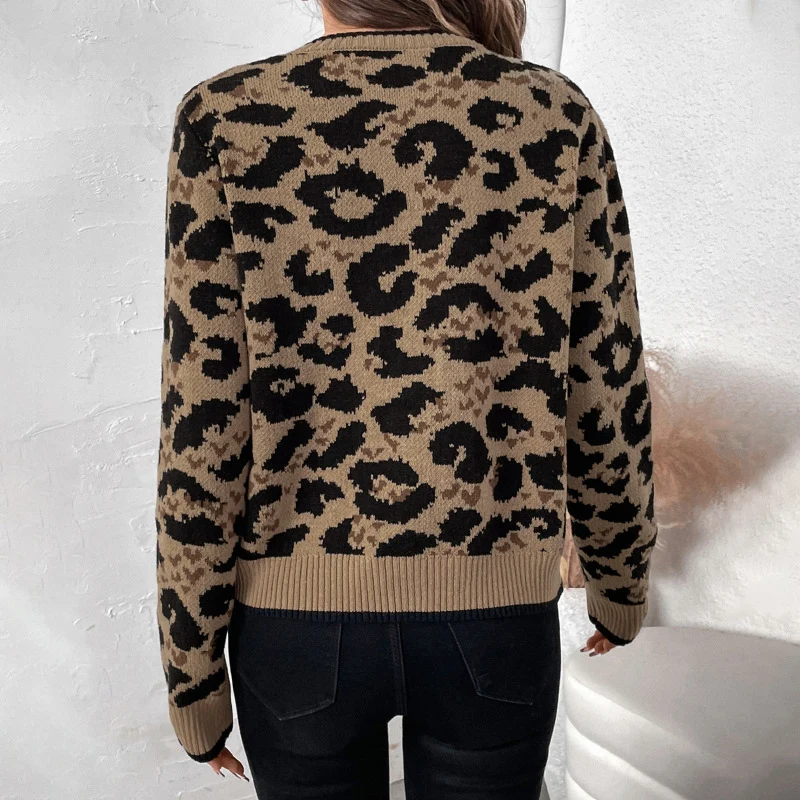 Damen Leopardmuster Strickcardigan mit Bindeschleifen und gerippten Bündchen Nord Taschen