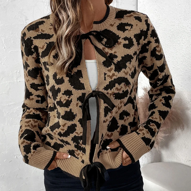 Damen Leopardmuster Strickcardigan mit Bindeschleifen und gerippten Bündchen Nord Taschen