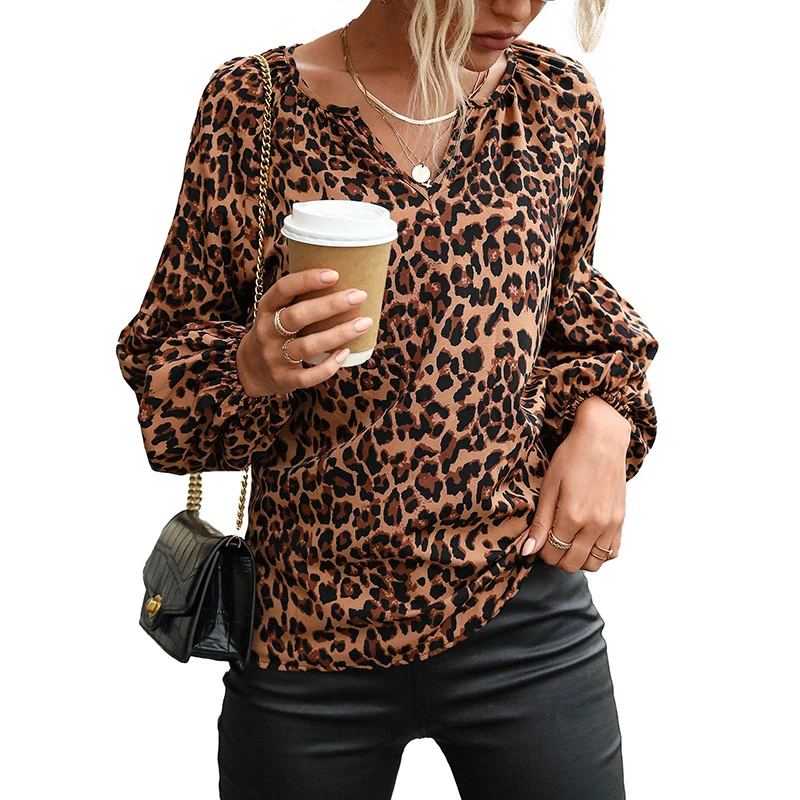 Damen Leopardenprint-Bluse mit V‑Ausschnitt, Ballonärmeln und lockerem Fall Nord Taschen
