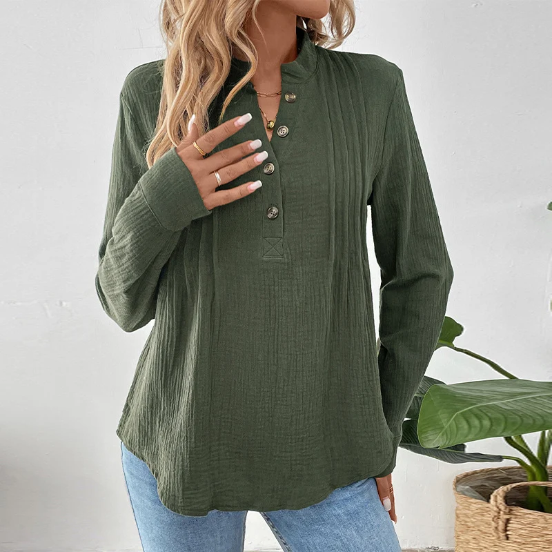 Damen Leichtes Crinkle-Henley-Blusenshirt mit Stehkragen, langen Ärmeln und entspannter Passform Nord Taschen