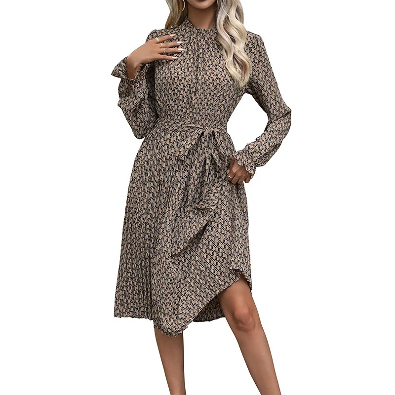 Damen Midikleid mit Stehkragen, Bindegürtel und asymmetrischem Saum Nord Taschen