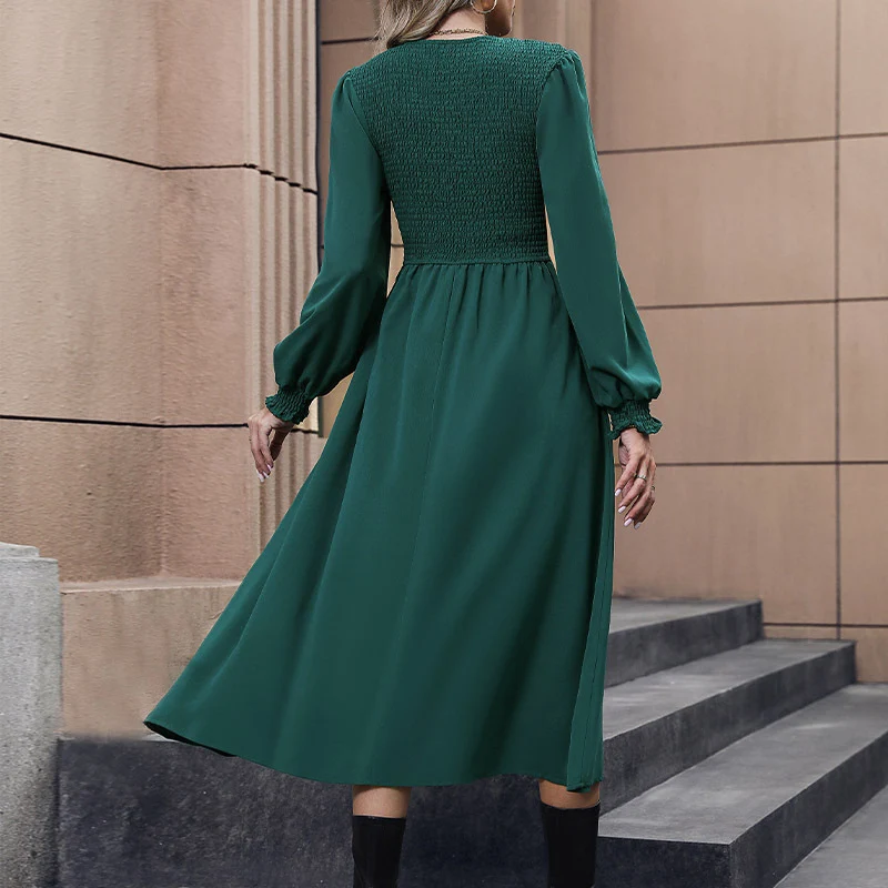 Damen Midikleid mit smockbesetztem Oberteil, taillierter A‑Linie & langen Ballonärmeln Nord Taschen