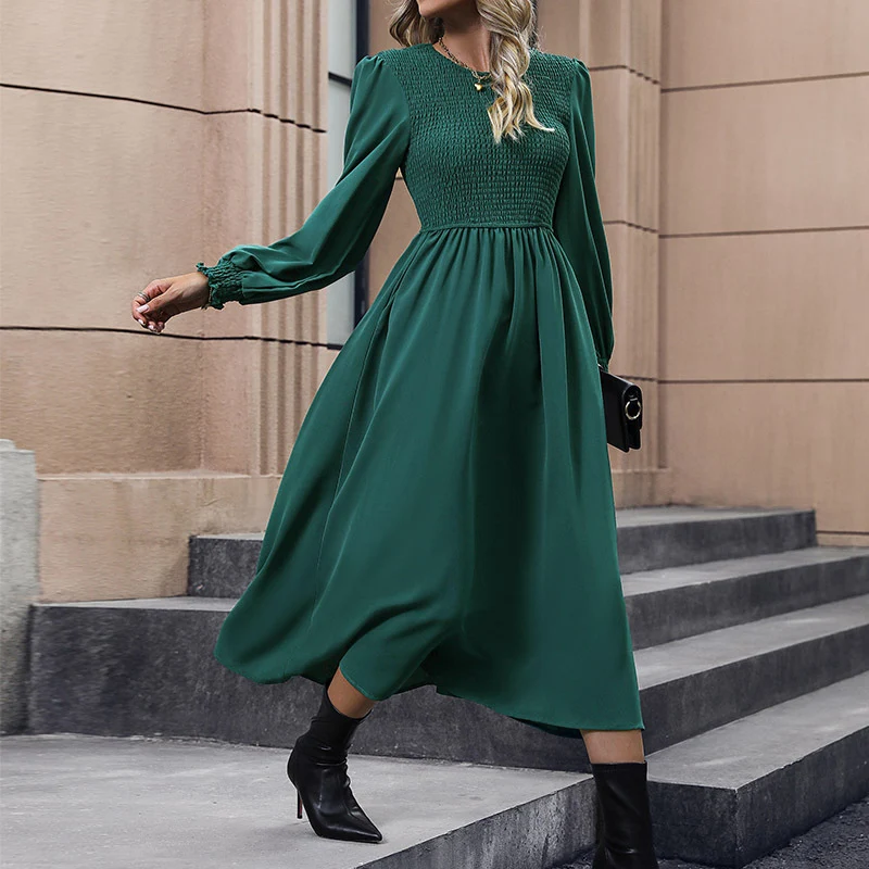 Damen Midikleid mit smockbesetztem Oberteil, taillierter A‑Linie & langen Ballonärmeln Nord Taschen
