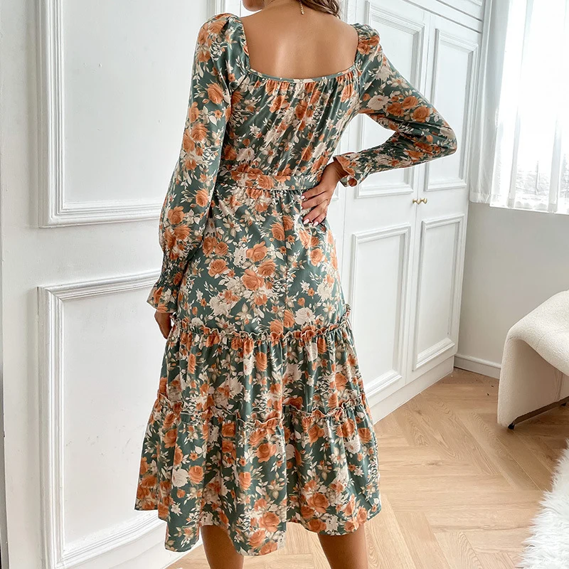 Damen Midikleid mit quadratischem Ausschnitt, Puffärmeln und Taillenschnürung Nord Taschen